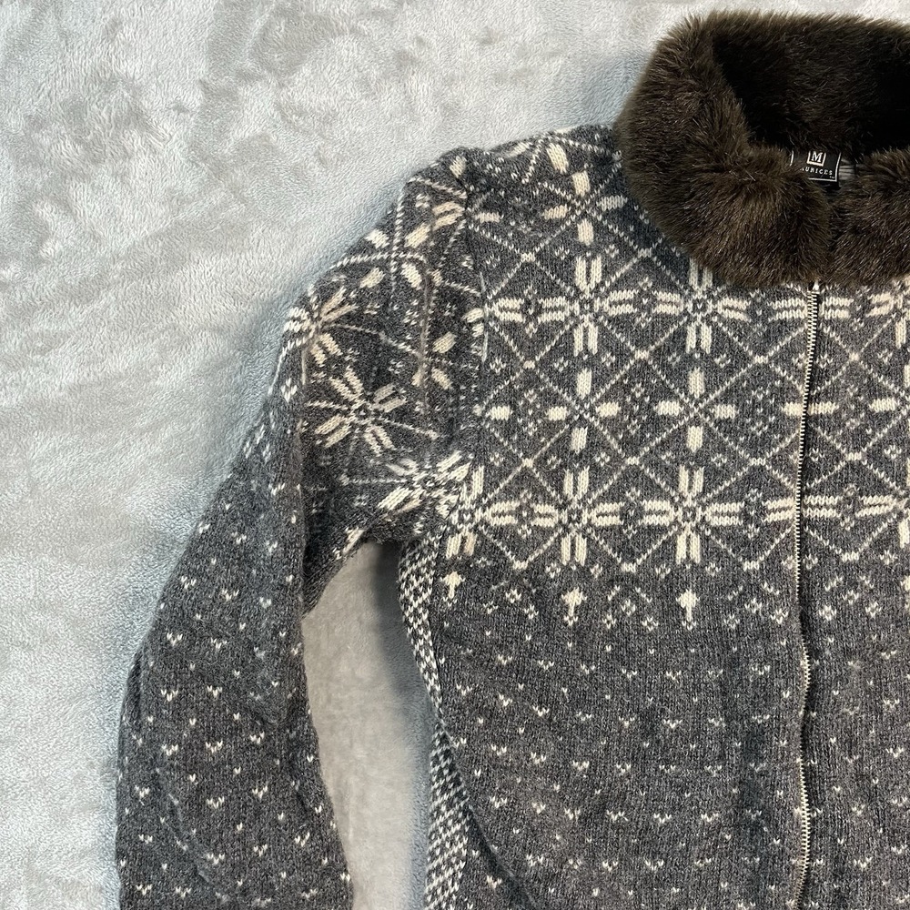 VTG Maurices Womens M Nordic Fair Isle Lambswool Blend Zip Cardigan Fur Collar - Picture 3 of 15